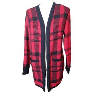 Zesica Open Cardigan Long Sleeve Red Black Plaid Medium
